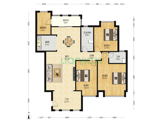 金地花园 3室1厅2卫 143平方