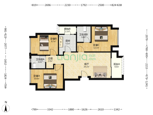 爱情天宸万璟 3室1厅2卫 86平方