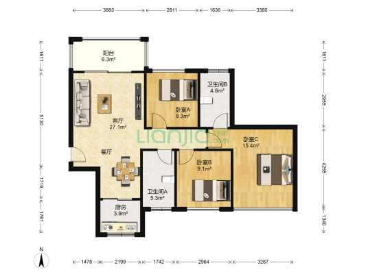 中邦浪琴湾二期 3室1厅2卫 100平方