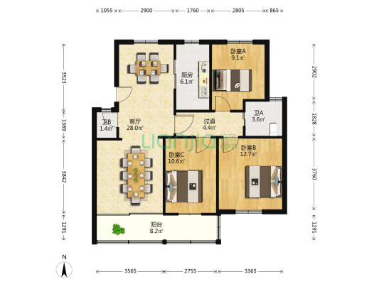 雪松里 3室1厅2卫 96平方