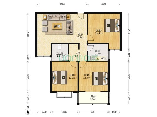 博宇晴城 3室1厅1卫 119平方