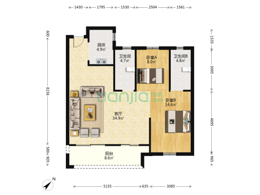 华发中城峰景湾 2室1厅2卫 100平方