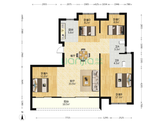 融信海月江南 4室1厅2卫 126平方