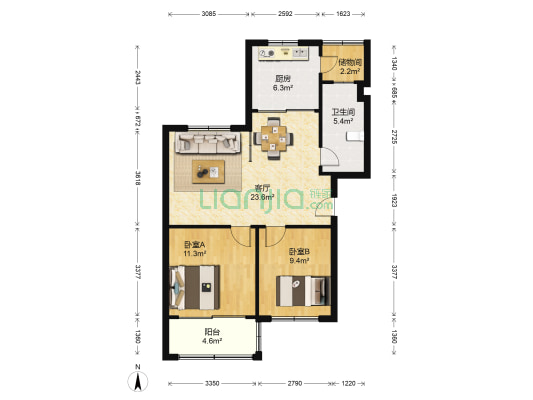 世纪花园 2室1厅1卫 84平方