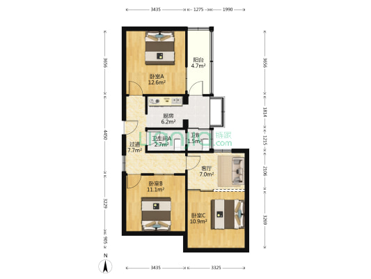 结合病防治宿舍 3室1厅2卫 79平方