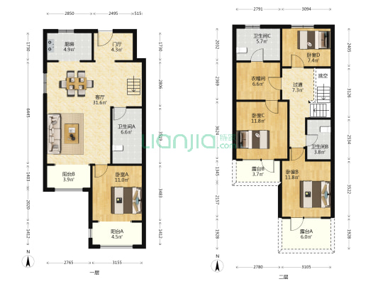 鸿坤理想尔湾，精装修上叠边户，带40平花园，带车位-户型图