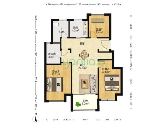 桃李春风景苑 3室1厅2卫 88平方