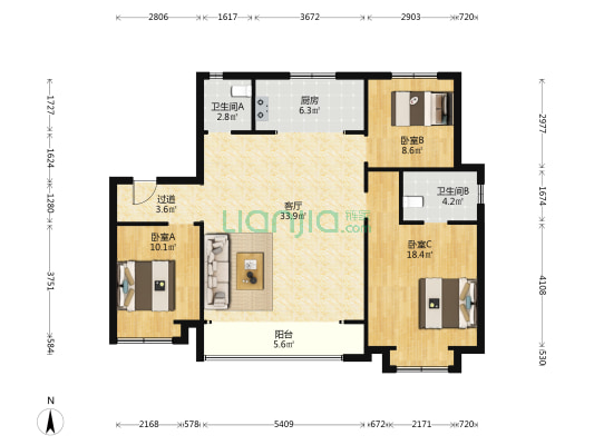 恒基旭辉都会江来 3室1厅2卫 123平方