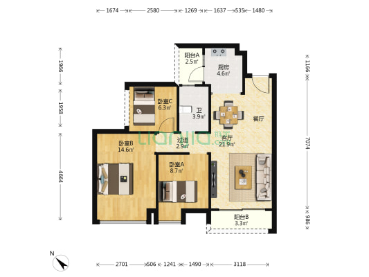 珠海雅居乐国际花园二期 3室1厅1卫 85平方