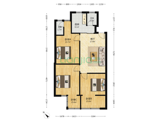 一环路西三段186号 3室1厅2卫 77平方
