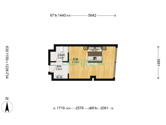 江南摩尔西区 1室0厅1卫 48平方