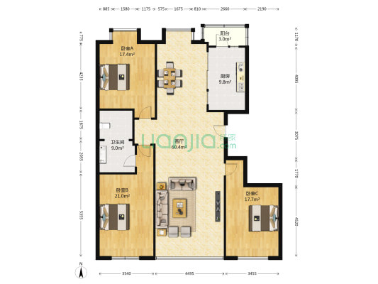 鲁商银座花园 3室1厅1卫 160平方