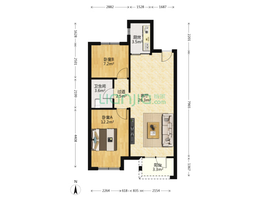 唐顿庄园 2室1厅1卫 81平方