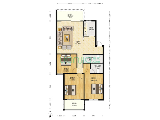 榕信二区1 3室1厅2卫 108平方