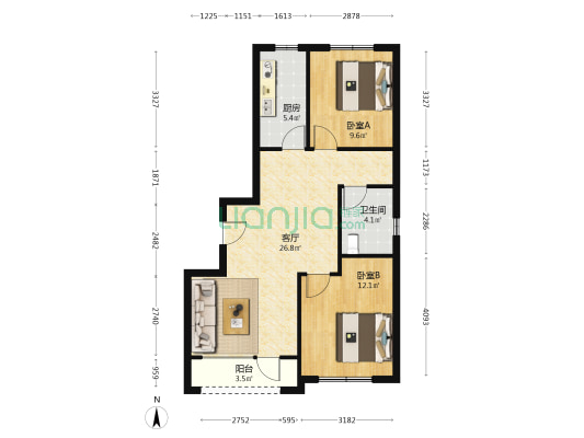 君豪巴黎庄园 2室1厅1卫 89平方