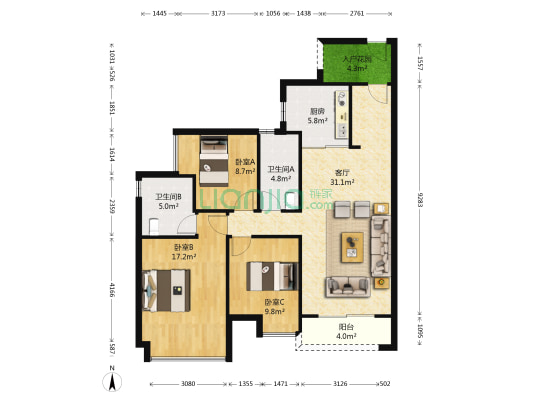 时代名著 3室1厅2卫 113平方