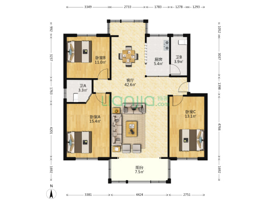 罗村花苑A区 3室1厅2卫 127平方
