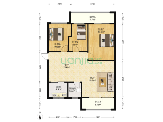 高桥长建市场 3室2厅1卫 115平方
