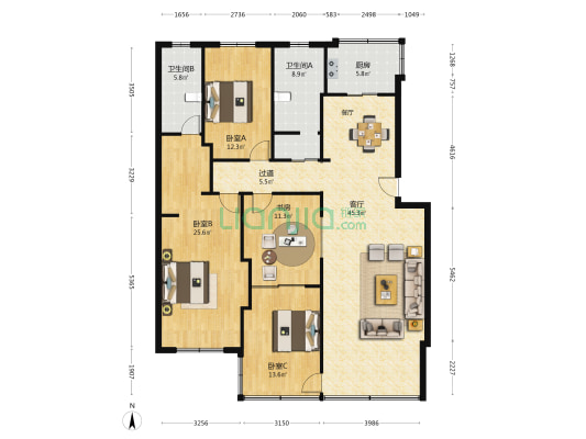 东方苑小区 4室1厅2卫 154平方