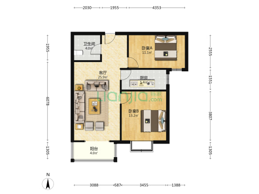 翡翠城 2室1厅 南-户型图