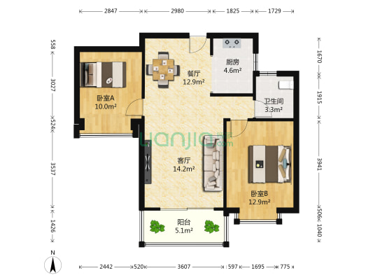 莱蒙都会北区 2室2厅1卫 85平方