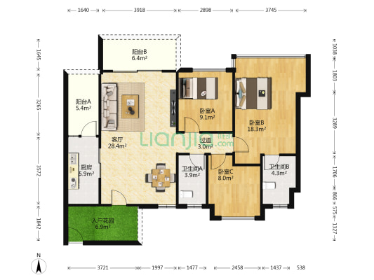 恒福曦园 3室1厅2卫 116平方