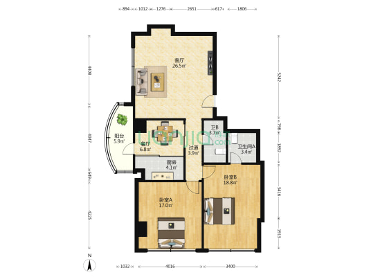 阜康华厦 2室2厅2卫 130平方