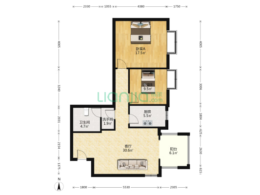 范阳路旁精装修两居室，采光无遮挡-户型图