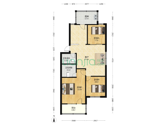 金泉小区 3室1厅2卫 103平方