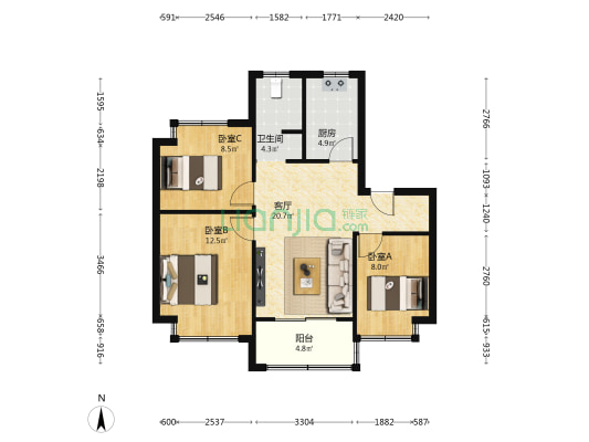 蓝湖郡 3室1厅1卫 79平方