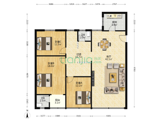 百安大道508号 3室1厅2卫 136平方