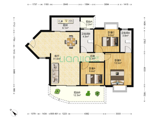中区华府三期 3室1厅2卫 116平方