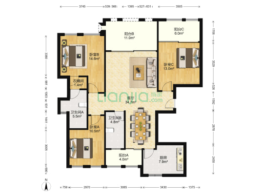 新绿园 3室1厅2卫 149平方