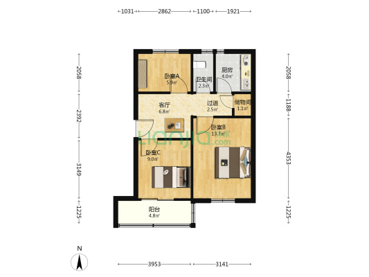 淮河路2号市糖业烟酒小区 3室1厅1卫 59平方