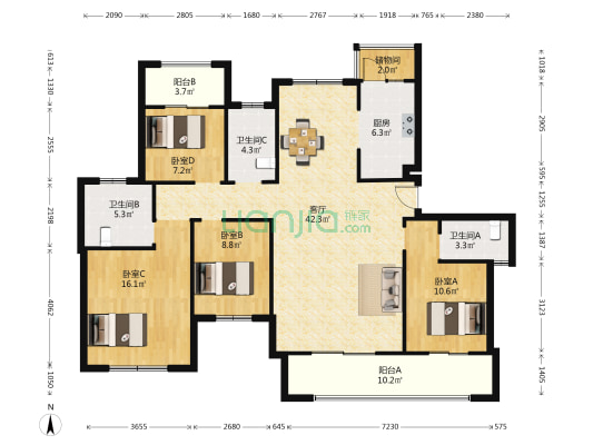 天翼花园 4室1厅3卫 168平方