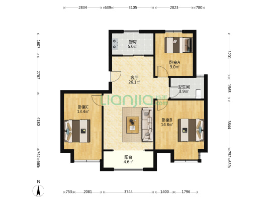 半岛城邦（中苑） 3室1厅1卫 108平方