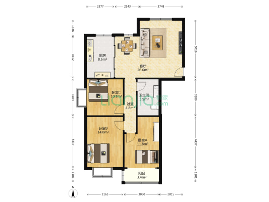 幸福家园A区 3室1厅1卫 107平方