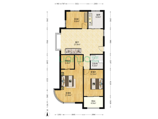 金色港湾 3室1厅1卫 127平方