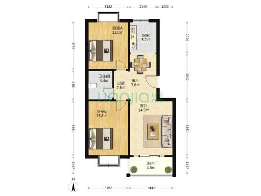 官地苑B区 2室2厅1卫 79平方