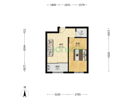 长江花园(宽城区) 1室1厅1卫 55平方
