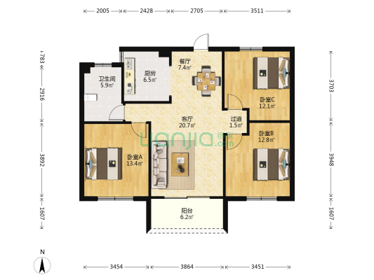 新湖园 3室2厅1卫 109平方