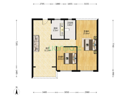江湾1号天玺湾 2室1厅1卫 89平方