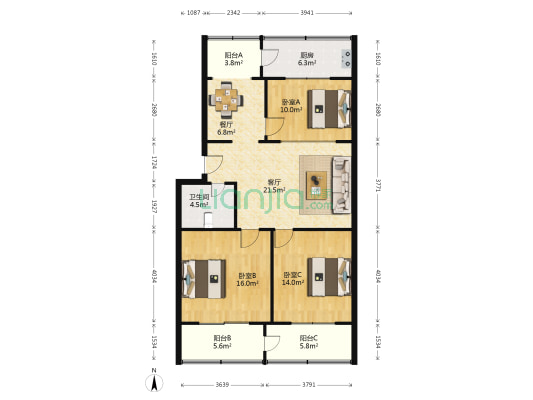 交通设计院宿舍 3室2厅1卫 100平方