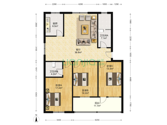 建安粮苑 3室1厅2卫 134平方