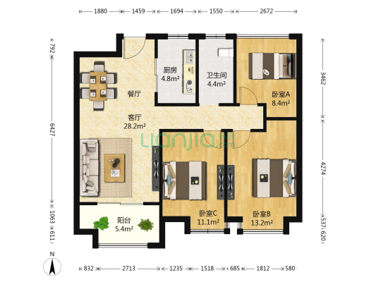 绿地国际博览城二期博隆 3室1厅1卫 95平方