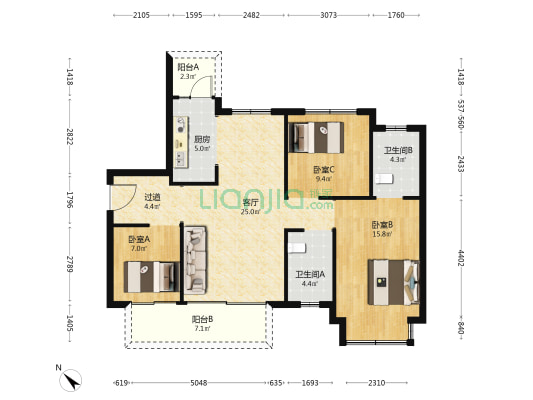 西溪里别院 3室1厅2卫 107平方