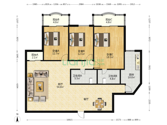 中庚·香榭丽都 3室1厅2卫 161平方