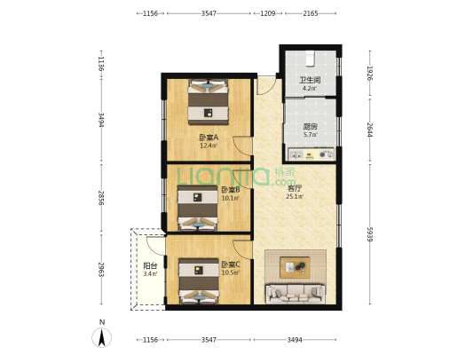 建设路 3室1厅1卫 76平方