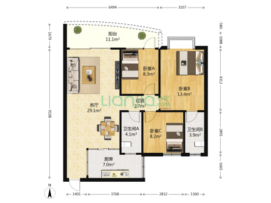 紫晶城市花园 3室1厅2卫 99平方