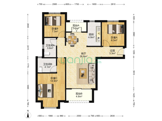 鑫家西苑 3室1厅2卫 113平方